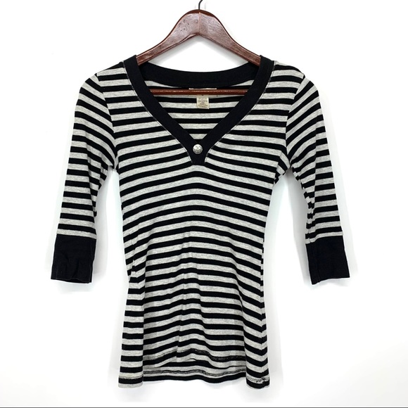 Self Esteem Tops - Striped 3/4 Sleeve Black & Gray V-Neck Top XS